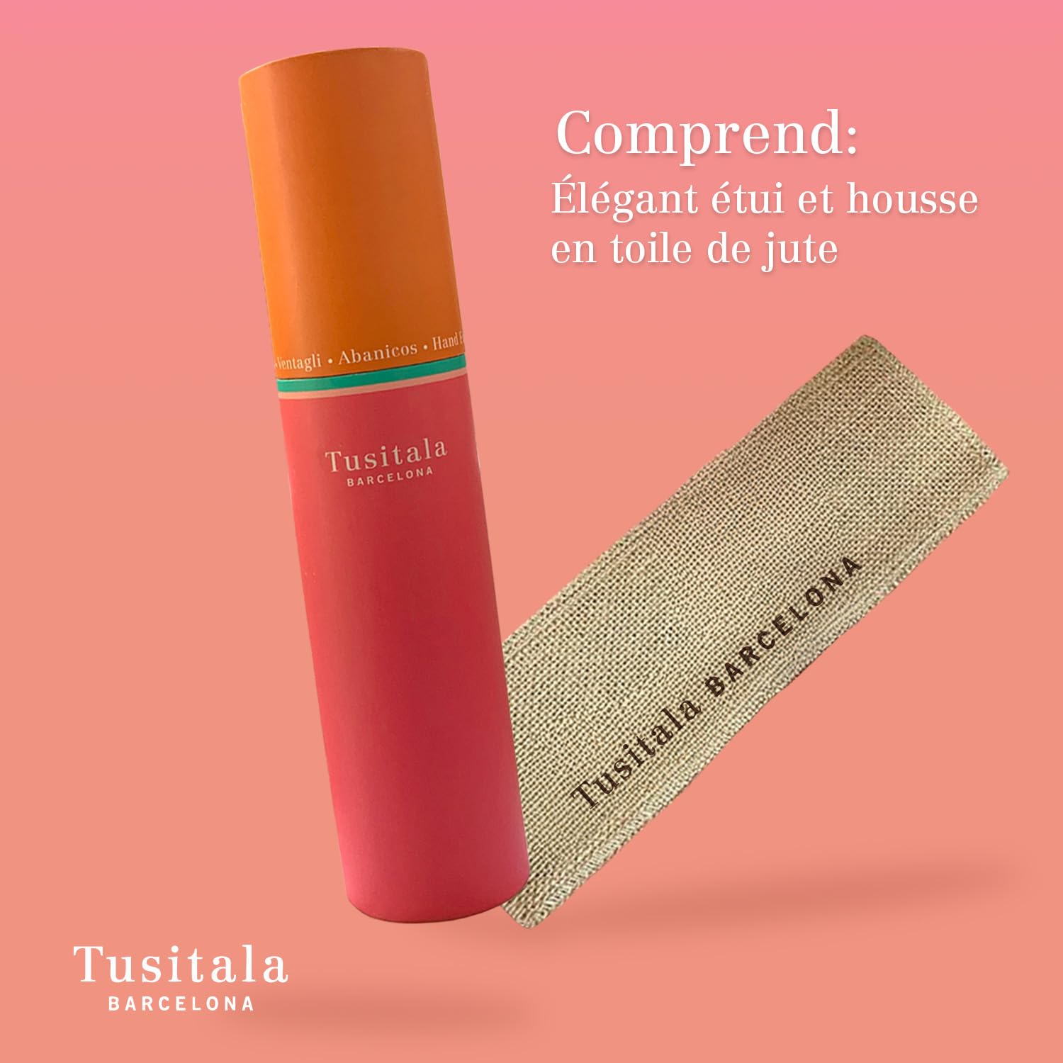 Éventail Espagnol - Bois et Coton - 23 cm - Housse et étui en jute - Accessoire de mode - Fait main en Espagne - Collection Alzar la Mirada