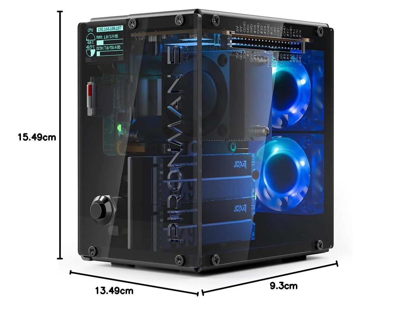 Pironman 5-MAX NVMe M.2 SSD PCIe Raspberry Pi 5 NAS RAID 0/1 AI acelerador Hailo-8L PWM ventiladores RGB 0,96" OLED Apagado seguro HDMI (RPI5 no incluido)