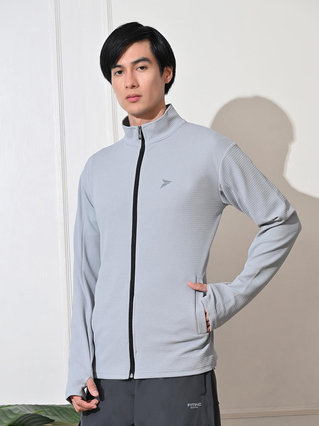 FITINC Sunscreen Jacket with Thumb Hole & Coolrush Technology - Polyester Jacket for Men, Light Grey, Large 4