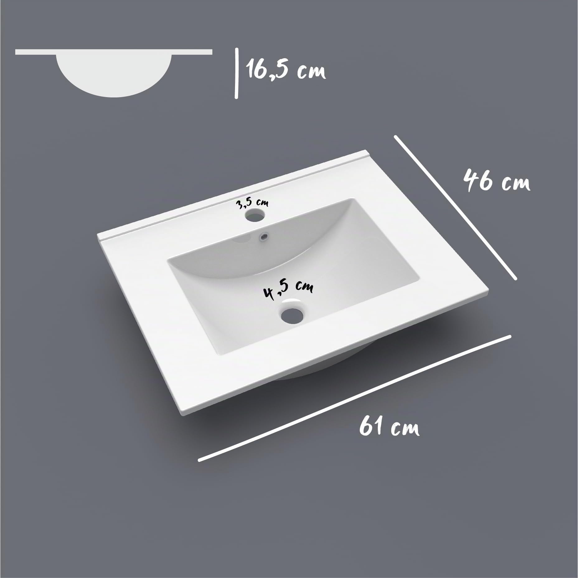Lavabo encastrado para mueble de baño de 60|16,5 x 61 x 46 cm (alto x ancho x profundo) cerámica blanca|MUEBLES PITARCH