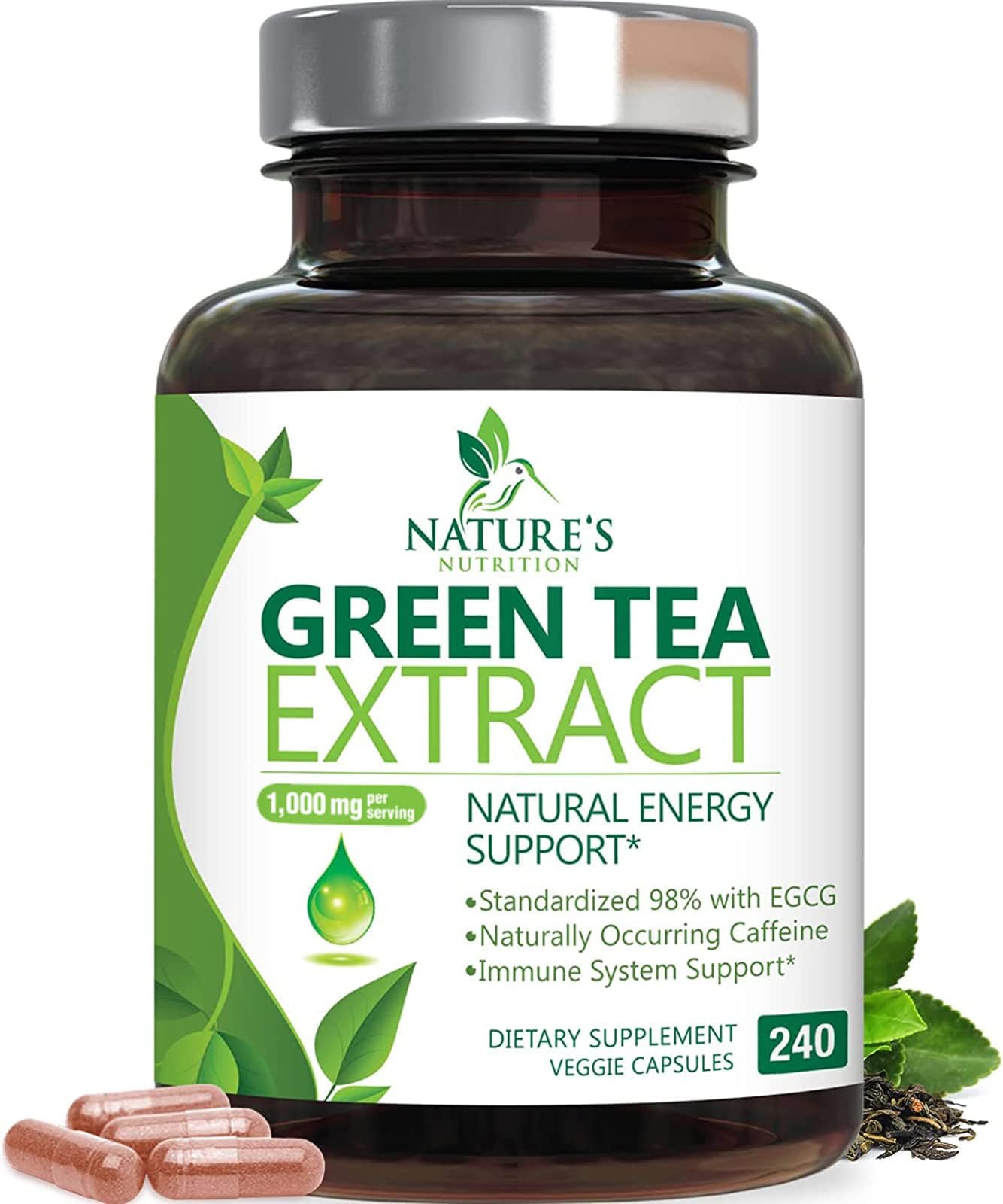 Nature's Nutrition Green Tea Extract Capsules 1000mg 98% Standardized EGCG - 3X Strength for Natural Energy - Heart Support with Polyphenols - Gentle Caffeine - 240 Capsules