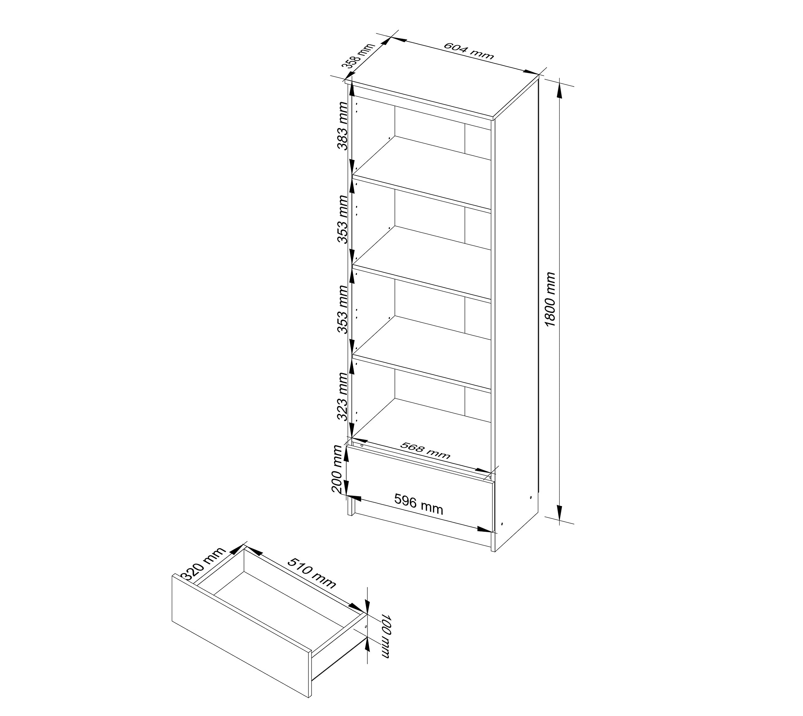AKORD | Libreria per Ufficio 60 cm | Mobile con 1 Cassetto 4 Ripiani | Porta Libri | Mobiletto Camera de Letto | Scaffale Soggiorno | Salvaspazio | Eiken Sonoma/Wit