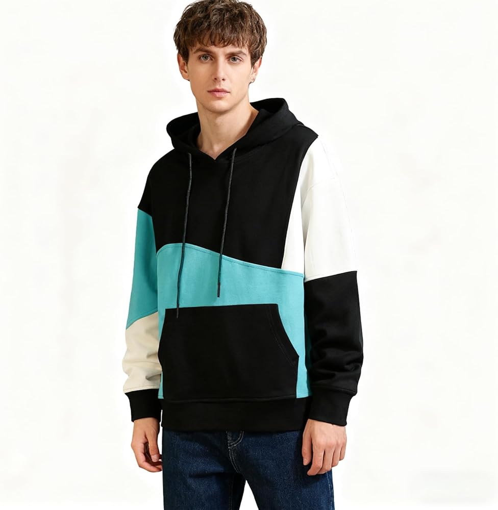 Covisoty Contrast Color Pullover Hoodie Mens Casual Long Sleeve