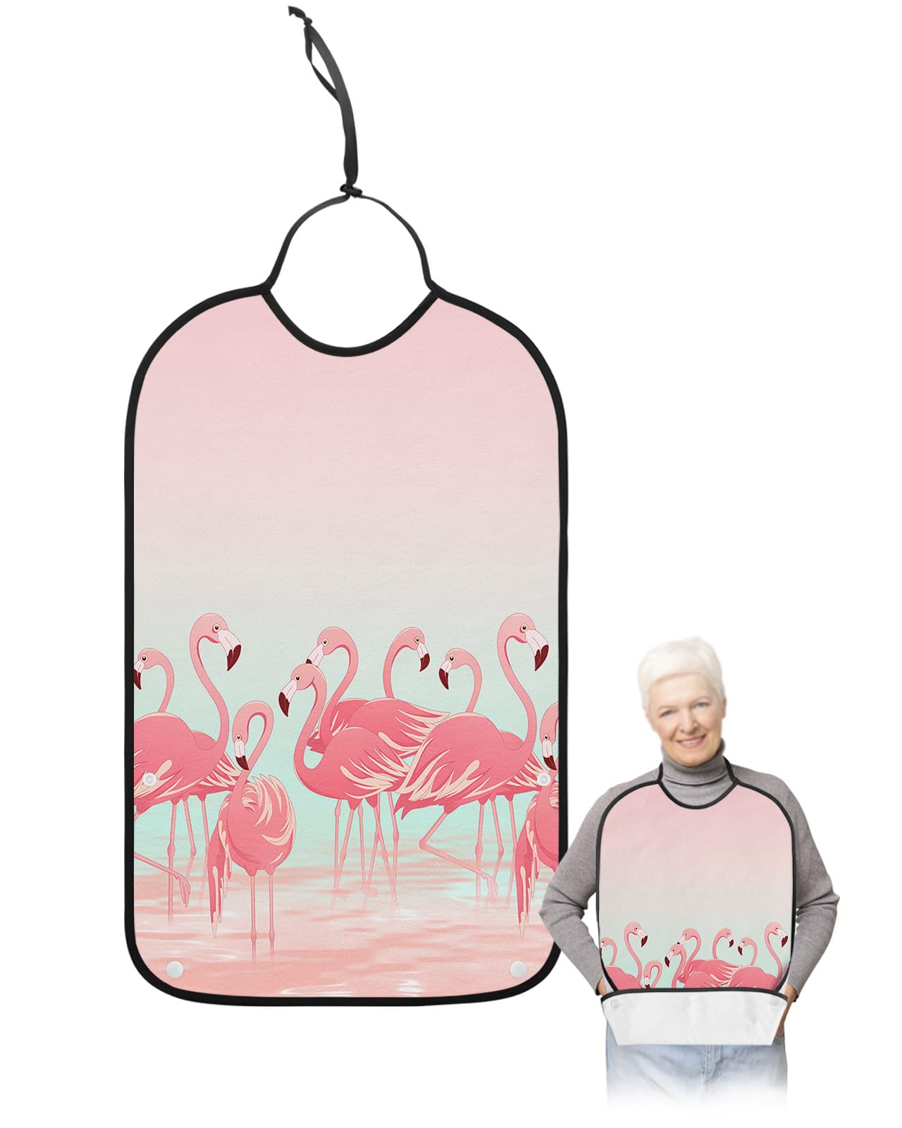 Summer Flamingo Adult Bibs for Eating, Waterproof Bibs with Food Catcher & Adjustable Snap Closure, Farmhouse Pink Tropical Animals Washable Clothing Protectors Adult Bibs for Elderly Women/Men