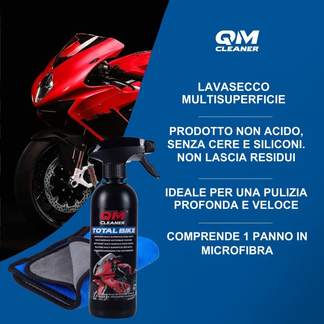 QM Cleaner - Moto e casco Kit | Per la pulizia e la cura della moto e del casco - Include prodotto per bici totale da 500 ml, rimozione di insetti per casco da 200 ml e 2 microfibre