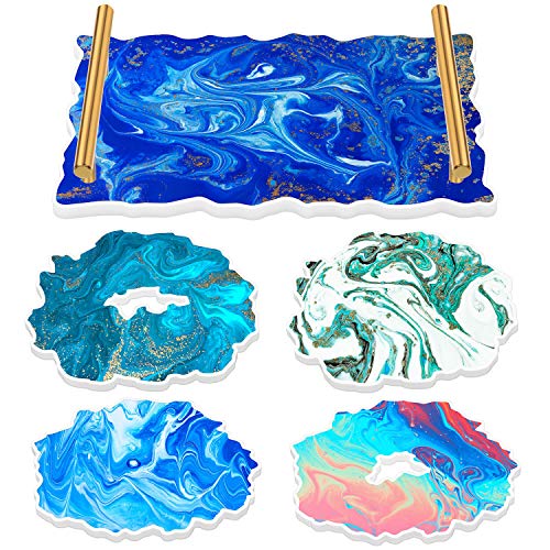 Silicone Resin Tray Molds, Thrilez 1Pcs Resin Tray Molds and 4 Pcs Coaster Molds for Resin Casting with 2pcs Handles (Gold)