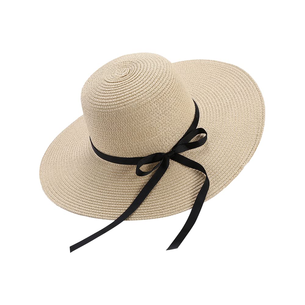 Moxamo Unisex Beige Women's Straw Hat Summer Bowknot Beach Foldable Hats Uv Protection Upf50+ Wide Brim Floppy Ladies Men Straw Sunhat Packable Holiday Beach Accessories (Beige)
