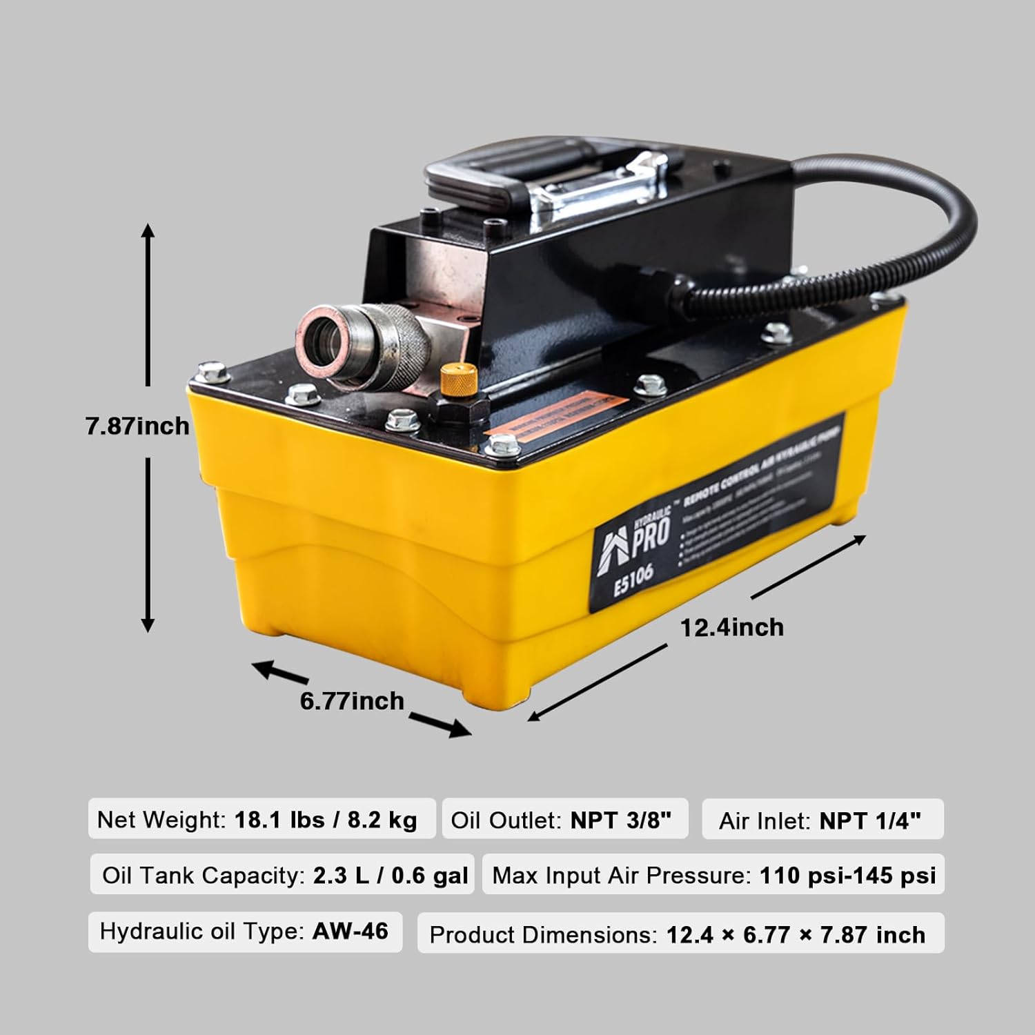 Diagram showing dimensions of the hydraulic pump: 12.4 inches length, 6.77 inches width, 7.87 inches height, along with key specifications