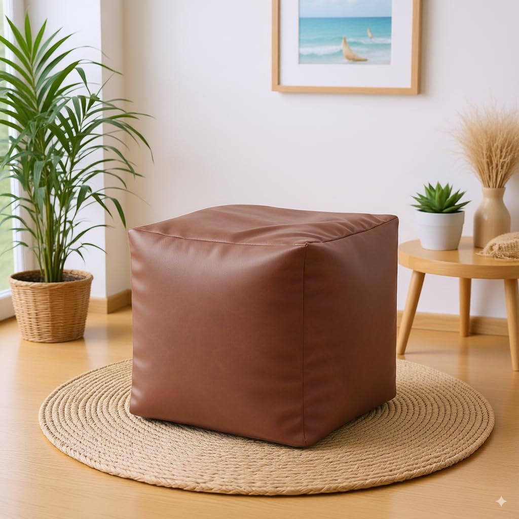 Cube Footstool Pouffe | 38×38×38 cm | Ottoman for Living Room & Bedroom | Filled with High-Density EPS Beans | Lightweight & Comfortable Multipurpose Puff Seat Color- (Tan)-image-7