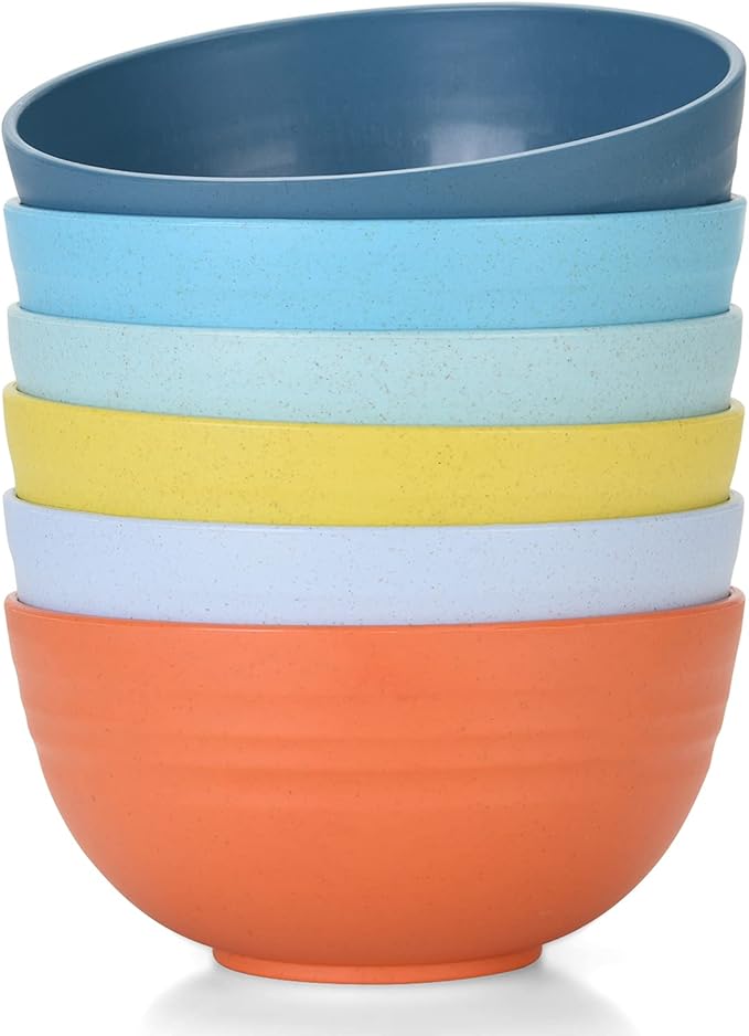 Homestockplus Unbreakable Cereal Bowls 25 OZ Microwave and Dishwasher Safe BPA-Free Eco-Friendly Wheat Straw Bowl Assorted Color Dessert Bowls for Serving Soup, Oatmeal, Pasta and Salad [Set of 6]
