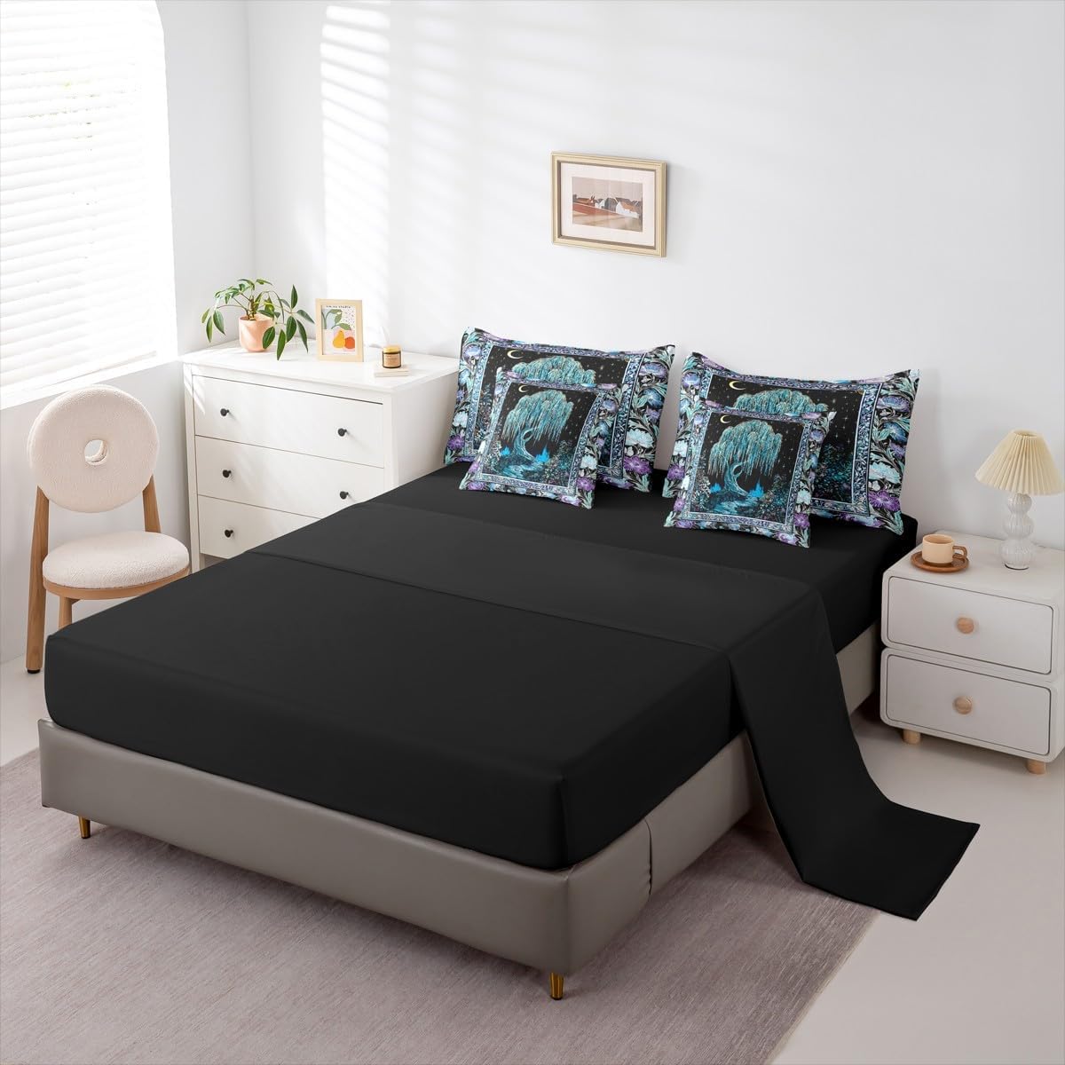 Tree of Life Bedding King Size 7 Pcs,Boho Exotic Style Flowers Bed Set for Kids Girls Starry Galaxy Comforter Set,Green Purple Black Soft Bed in a Bag with Comforter,Sheets,Pillowcases Room Decor
