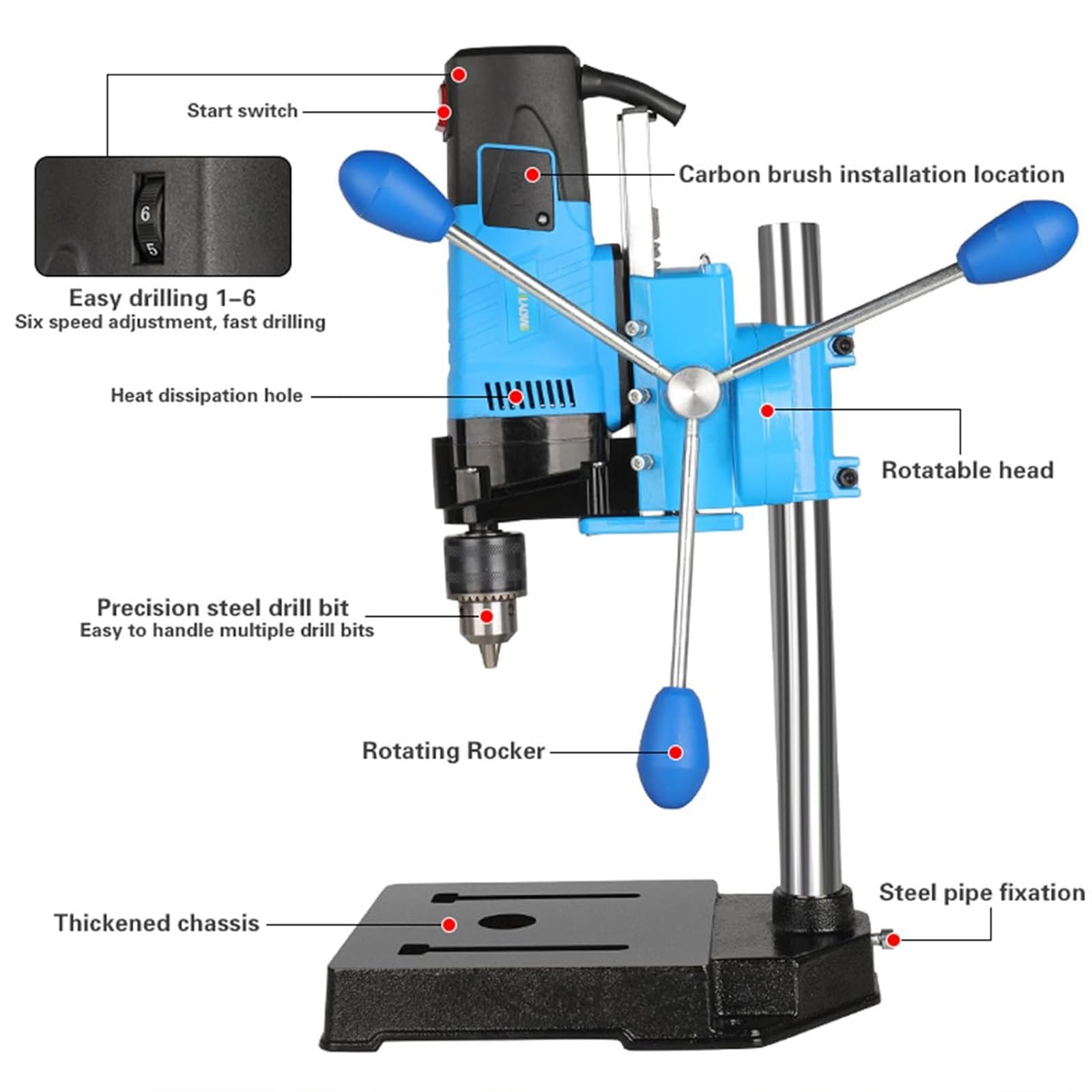 Mini wiertarko-wiertarka stołowa 1200 W, 6 prędkości, skok 80 mm, wiertło kolumnowe 2800 obr./min z obrotowym imadłem do wiercenia drewna, żelaza, aluminium