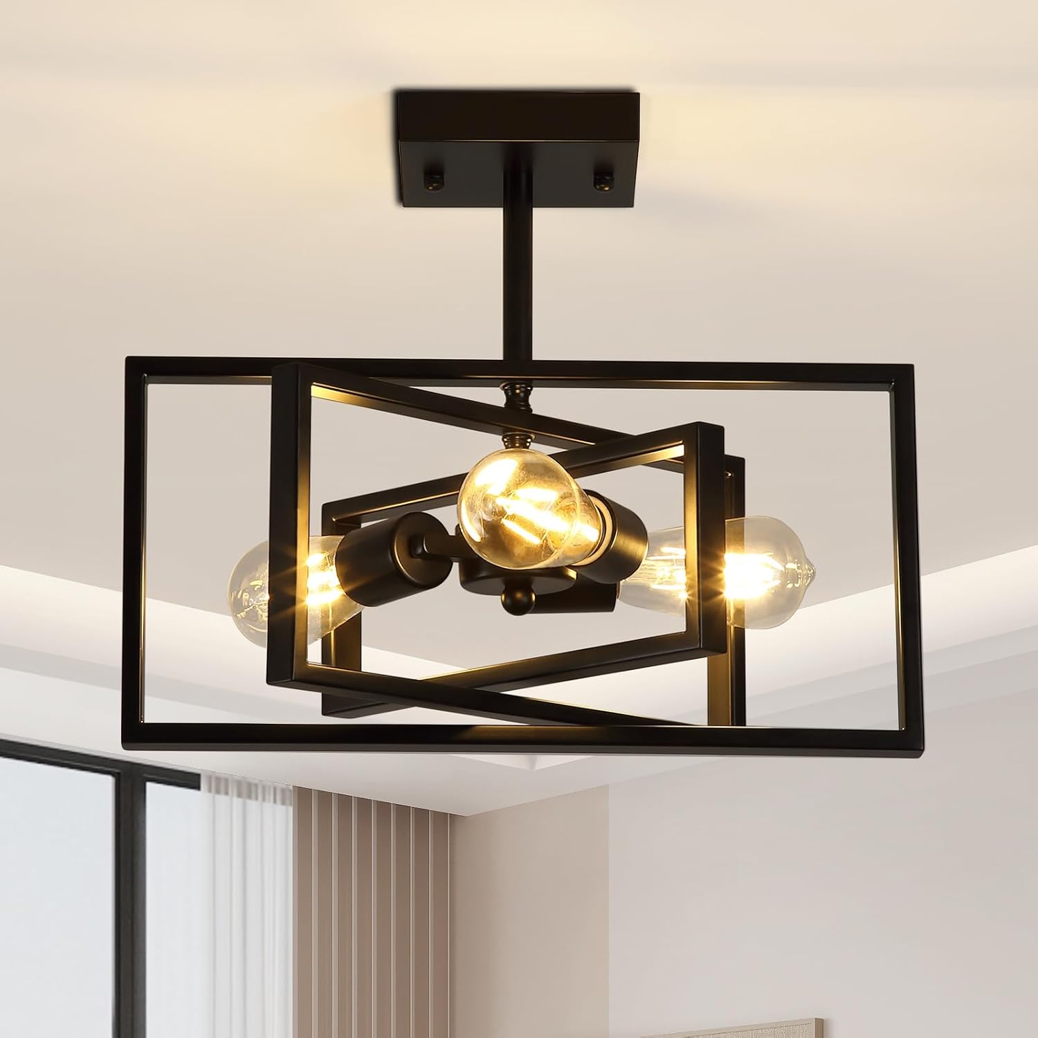 Black Semi Flush Mount Ceiling Light Fixture, 3-Light Modern Farmhouse Ceiling Light, Industrial Metal Chandelier Ceiling Lamp for Kitchen Entryway Bedroom Foyer Hallway, E26 Socket