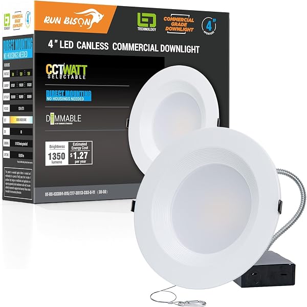Run Bison Recessed LED Commercial Downlight with J-Box, 3CCT Selectable 3000K-5000K,120-277V, 0-10V Dimmable, IC Rated C