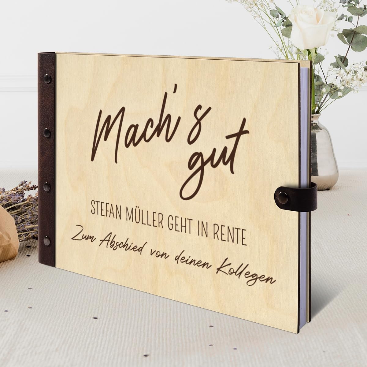 Personalisiertes Abschied Gästebuch echtes Holz DIN A4 Rente Erinnerungsbuch mit Lasergravur - Machs Gut - mit 72 Blatt / 144 Seiten Naturpapier Weiß