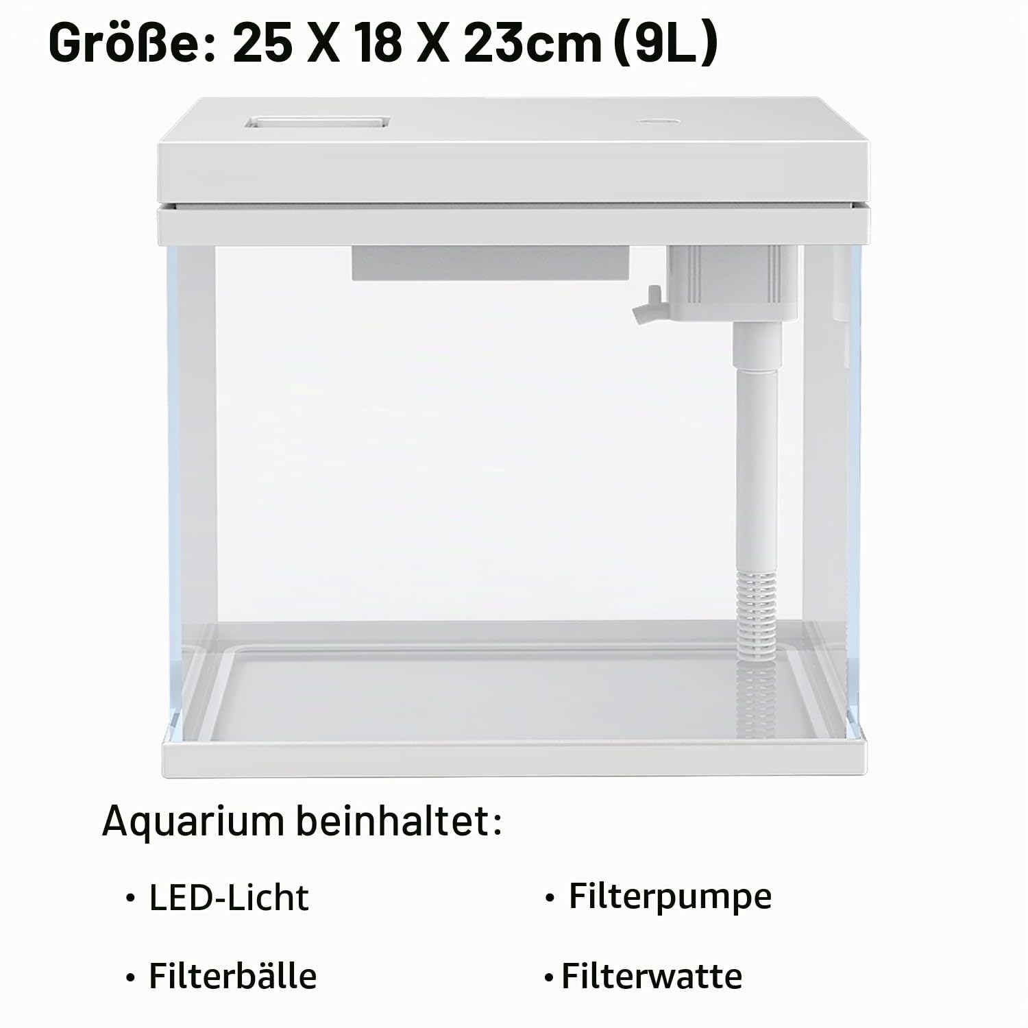10 l Aquarium, Nano-Glas-Aquarium, Upgrade-Filtersystem und LED-Licht, für Süßwasser und Marine, Filterbälle im Lieferumfang enthalten (Weiß, 10 l)