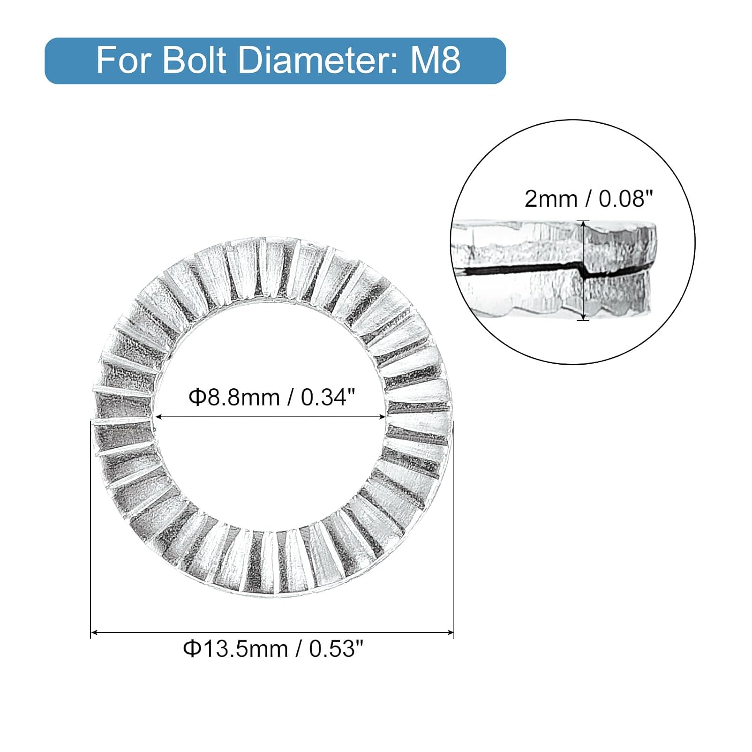 uxcell Wedge Locking Washers for M8 Bolts, 20pcs 304 Stainless Steel Washers Vibration Resistant Safety Washers