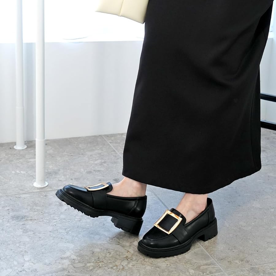 ブラック ローファー バックル付き coca / ワンベルト 厚底バックルベルトローファー（ローファー