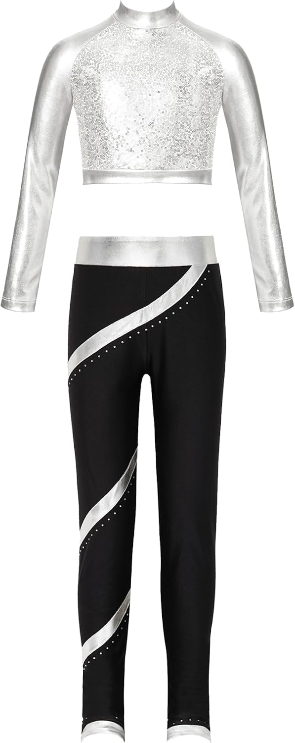 Kids Girls Sequin Dance Crop Top Shirt and Yoga Leggings Set Metallic Sparkle Spandex Active Tracksuit