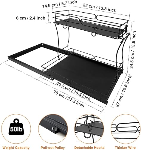 Miniatura 6 de JorJorLer Organizador de armario extraíble de 2 niveles para debajo del fregadero, estante de almacenamiento con cesta de almacenamiento deslizante