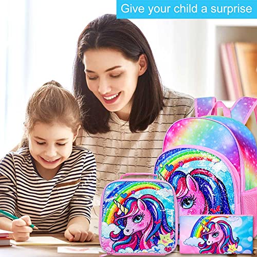 Ftjcf 3Pcs Unicorn Backpack, 16" Girls Rainbow Sequins Kids Bookbag With Lunch Box, School Bags For Elementary Preschool Kindergarten - Pink #TOP6