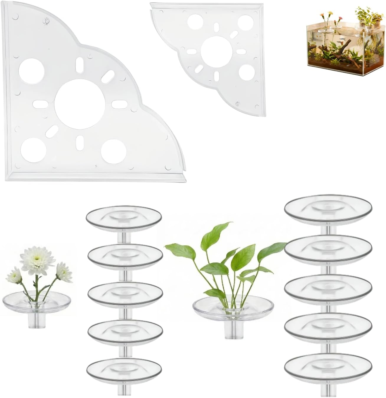10 Pcs Creative Floating Floral Arrangement Holder,2pcs Aquarium Plant Holder 2025 Innovative Floating Flower Display Stand Clear Acrylic Floating Flower Bowl Stem Holder for Fish Tanks Table Hom Decor