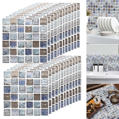 Pegatinas de Azulejos,Yueser 24 Piezas Autoadhesivo Azulejo Transferencias Pegatinas DIY para Cocina Baño Decoración del Hogar,20x20cm (azul)