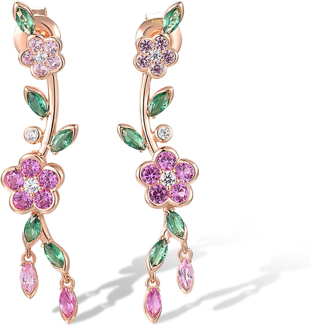 Santuzza 925 Sterling Silver Orchid Earrings Green Spinel Leaf Stud Earrings For Women