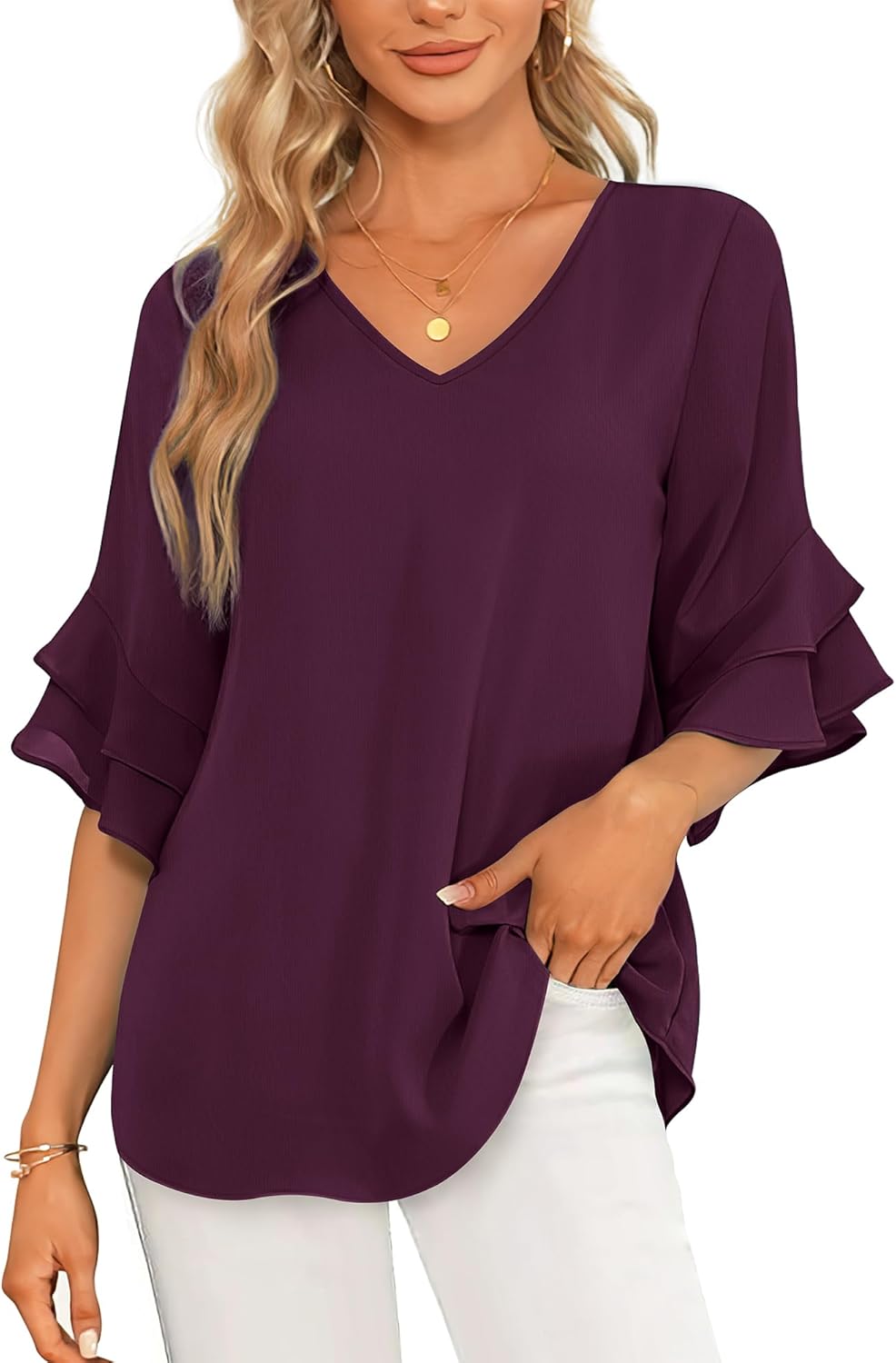 VALOLIA Womens Blouses 3/4 Sleeve Dressy Tops Business Casual Double Layers Shirts - Image 4