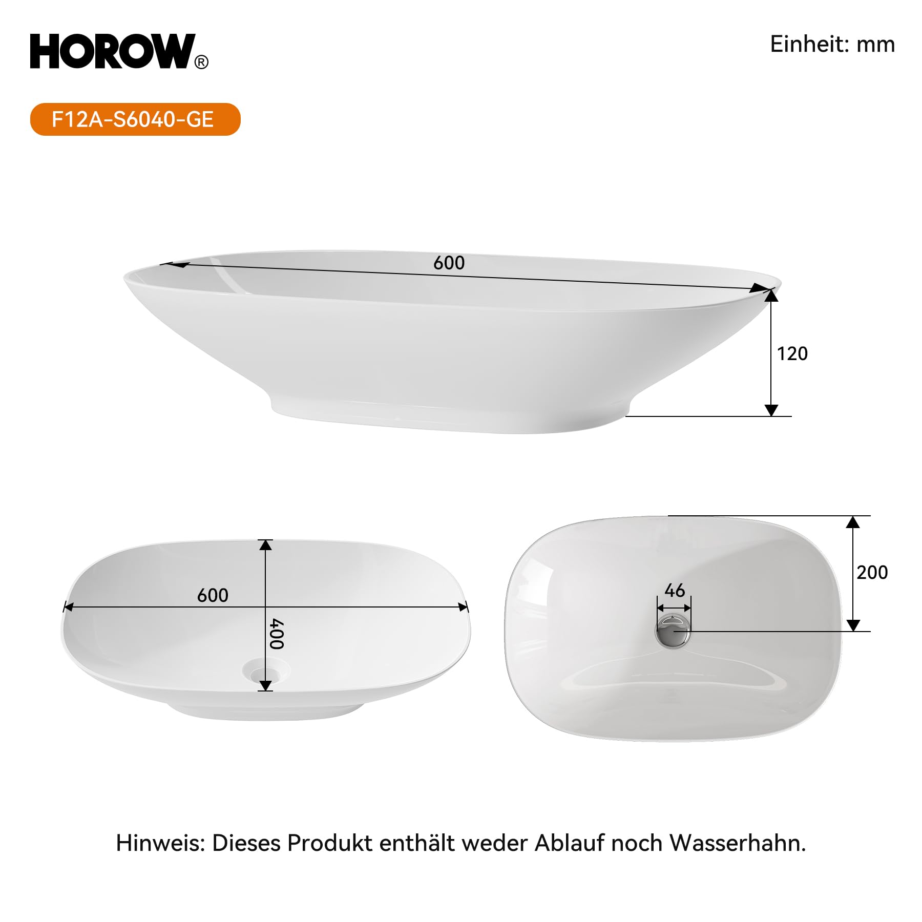 HOROW Aufsatzwaschbecken Modernes Waschbecken | mit Slim-Edge Design für Badezimmer Gäste-WC, dünner Rand, pflegeleichte Oberfläche, Keramik 60x40 cm Weiß
