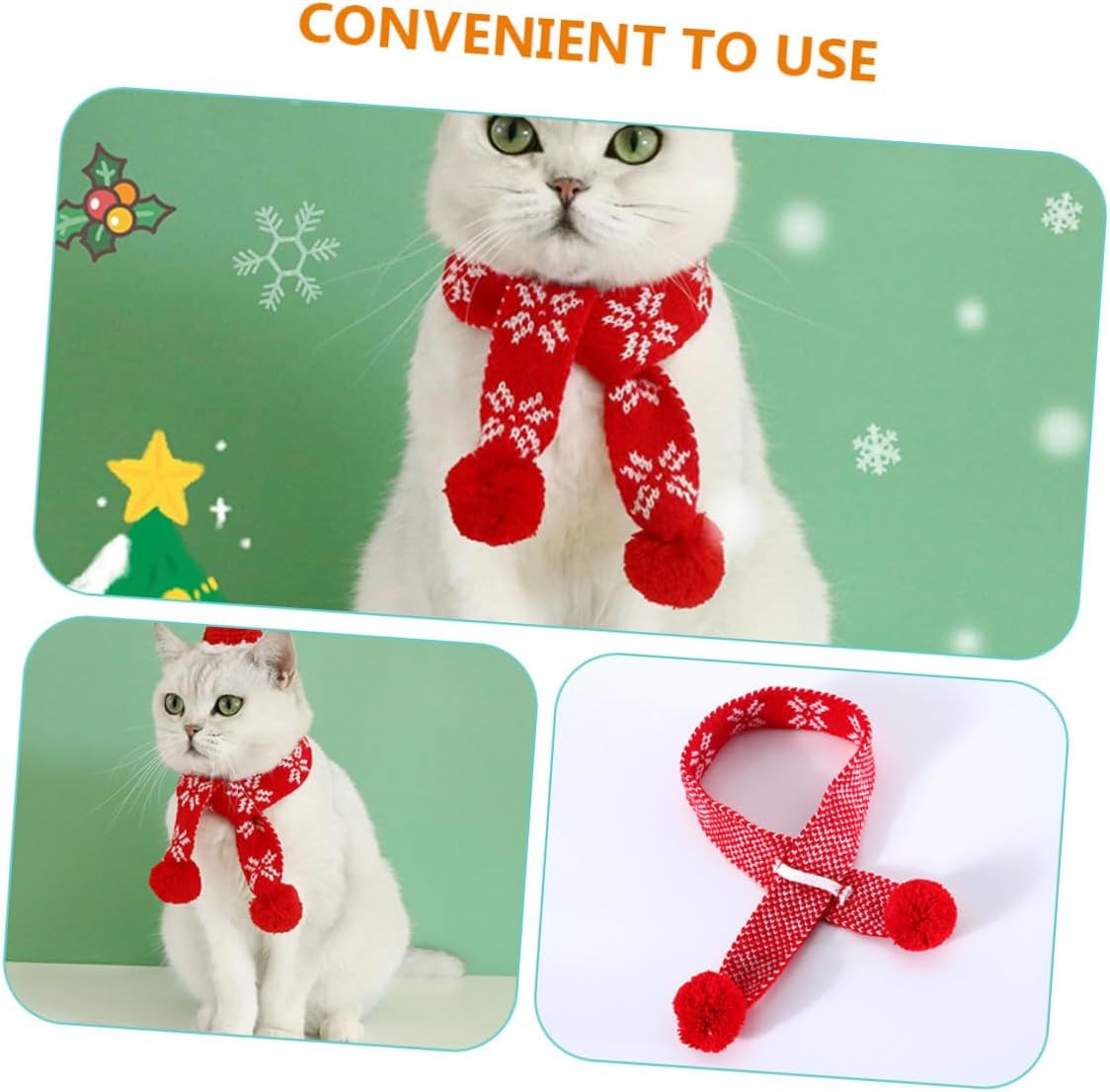HEMOTON Christmas Dog Scarf Snowflake Knit Pet Decorative Warm Scarf with Pom Pom 55cm for Cats and Small Dogs Winter Holiday Pet Supply