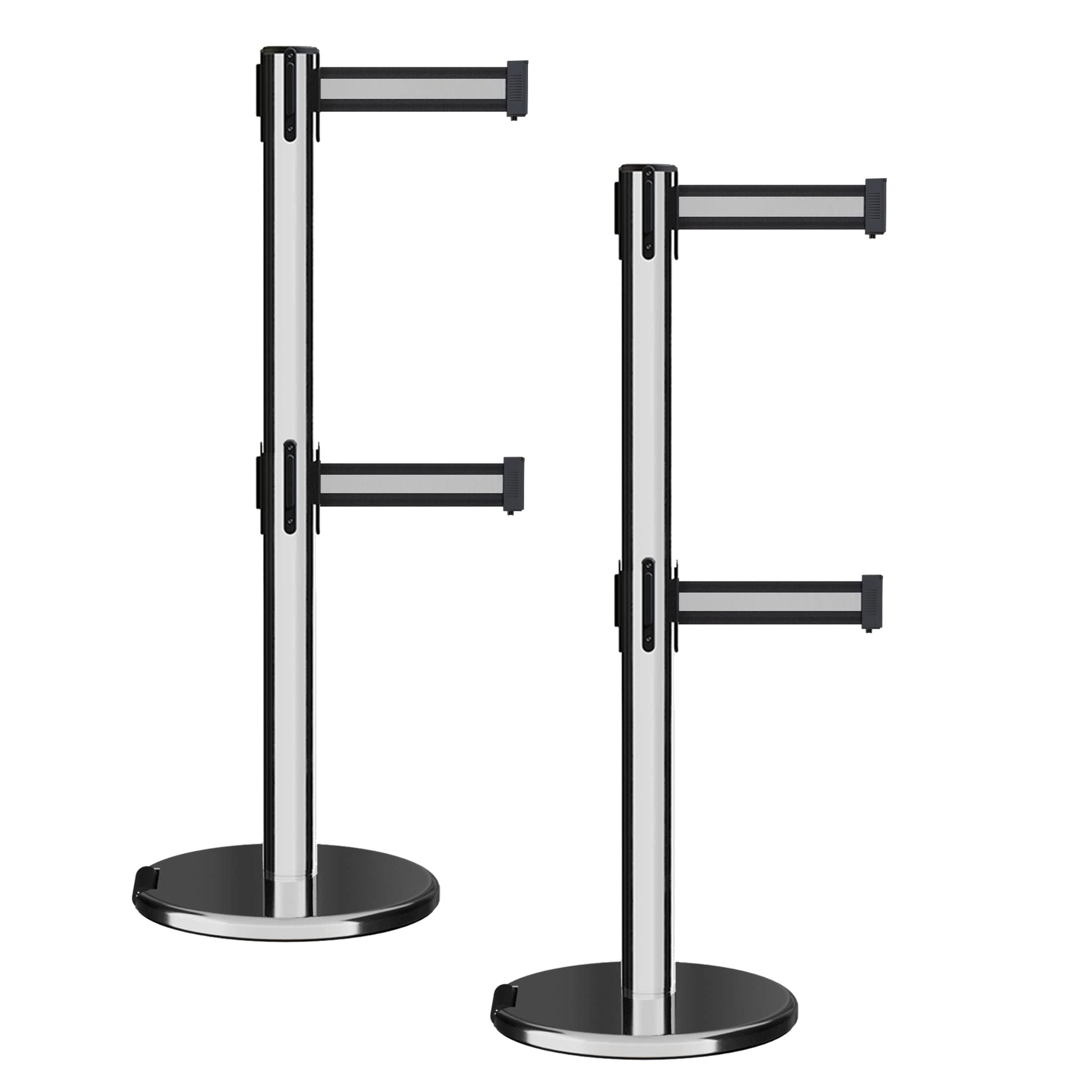 Montour Line ME630D Set of 2 Retractable Dual Belt Barrier Stanchion, Rolling Base, Polished Stainless Steel Post (13 ft Black with White Horizontal Stripe Belt)