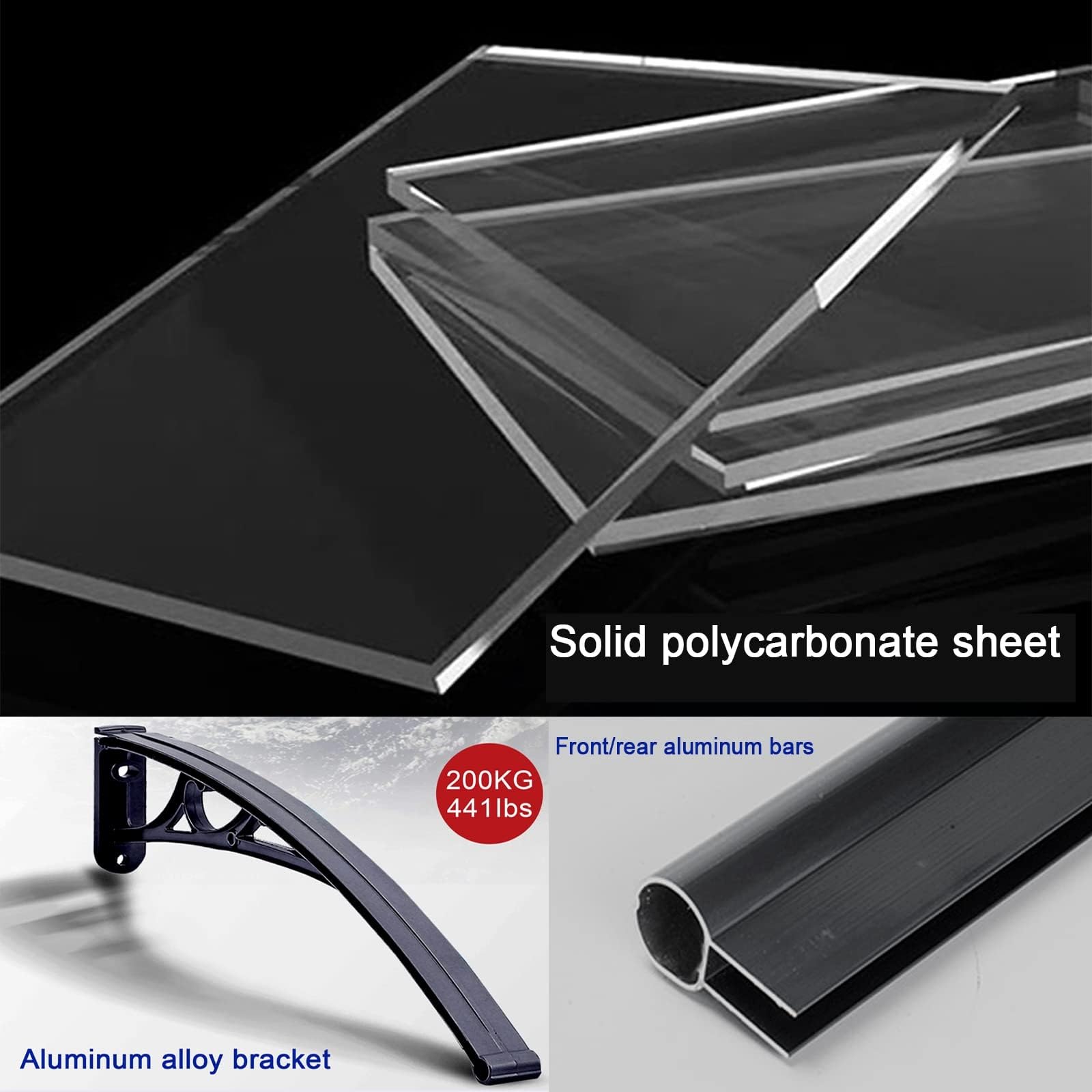 Moderno toldo de policarbonato con soporte de aluminio para puerta delantera/ventana, silencioso y autolimpiable, toldo de porche con obturador solar, protección UV, lluvia y nieve (80 x 310 cm)