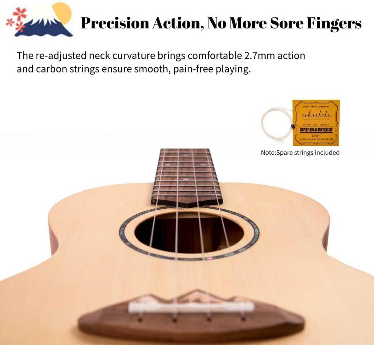TODO MT.FUJI Tenor Ukulele for Adults,Kids,Beginners - Solid Spruce Top Ukulele with Carbon Strings, Bag, Strap