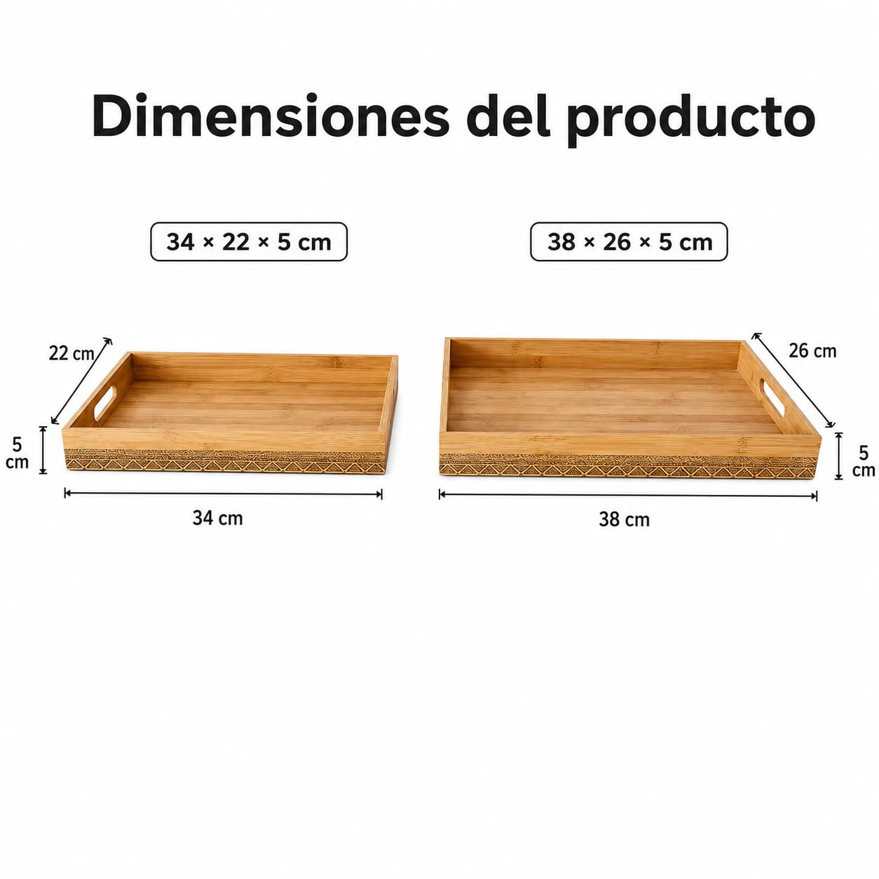 RS02181 Set de 2 Bandejas de Bambú Natural Rectangulares, Bandeja de Sirvir con Asas Doble Diseño y Detalles Geométricos, para Cocina, Mesa y Desayuno