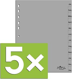 Durable 616002 Número registro de PP, A4, opaco, perforación universal, 1 31, color blanco, 5er Pack - grau, Jan-Dez