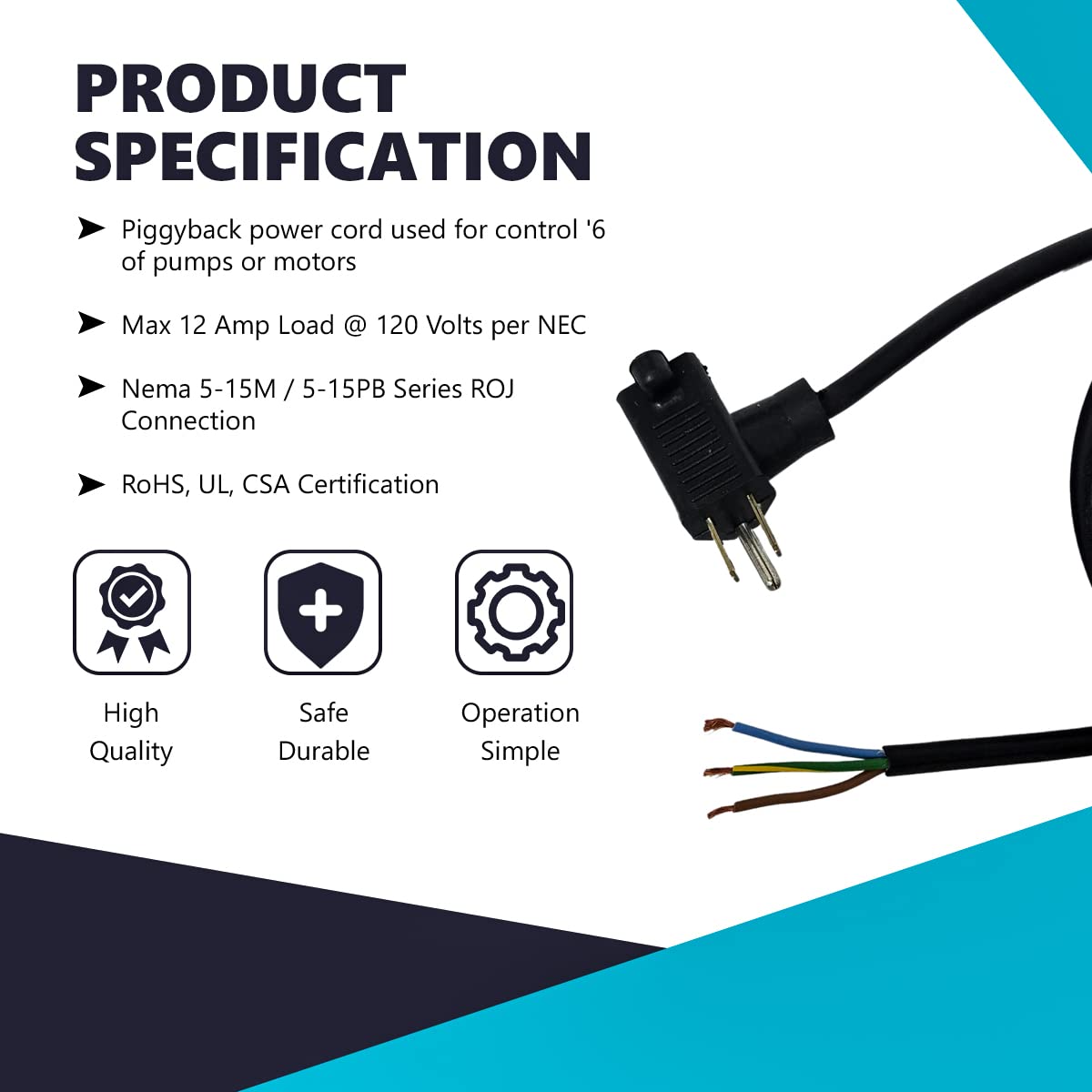 Piggyback Power Cord 6 ft for Timer, Lights, Float Switch 110V 120V (Switching Ready) ON Off 3 Wires