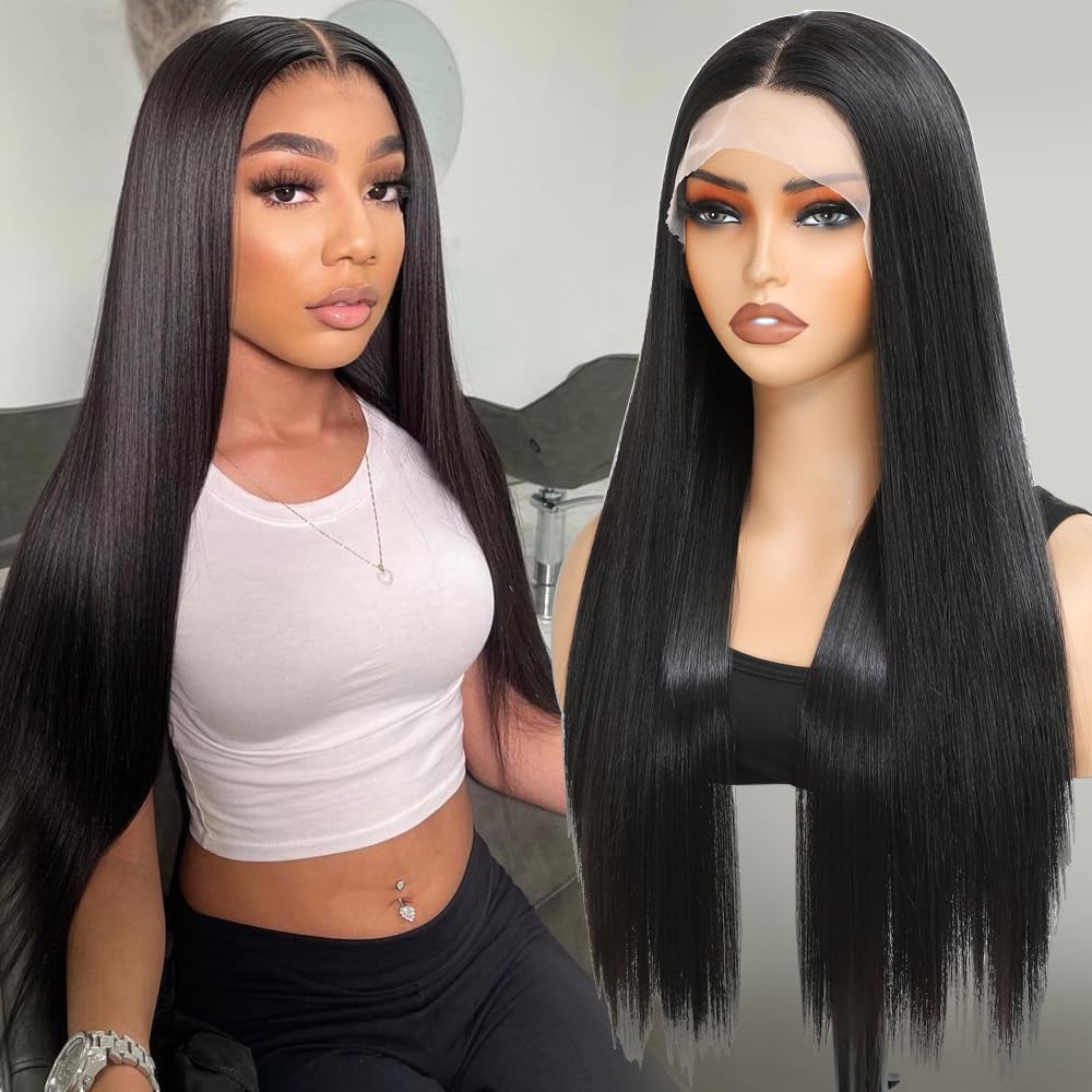 KPROYU Synthetic Lace Front Wig 13X4X1 Inch Lace Front Wigs 1B# Cheap Straight Lace Front Wigs 24 Inch Long Black Wig Pre-Plucked Synthetic Wigs For