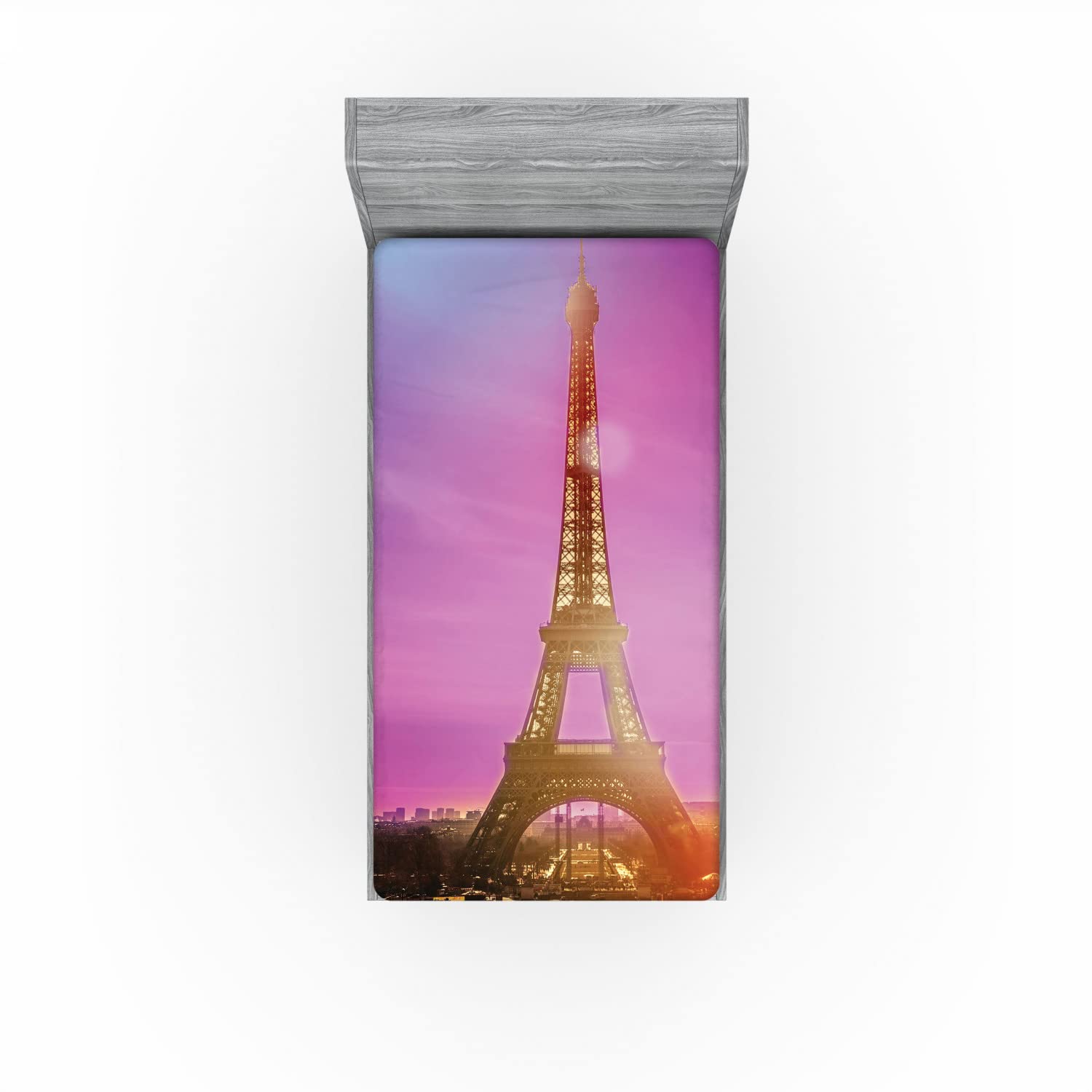 Ambesonne Eiffel Tower 2 Pack Fitted Sheet, Colorful Sky Paris, Bed Cover All-Round Elastic Deep Pockets 2 Pieces, Package Contains 2 Twin Size Fitted Sheets, Purple Orange