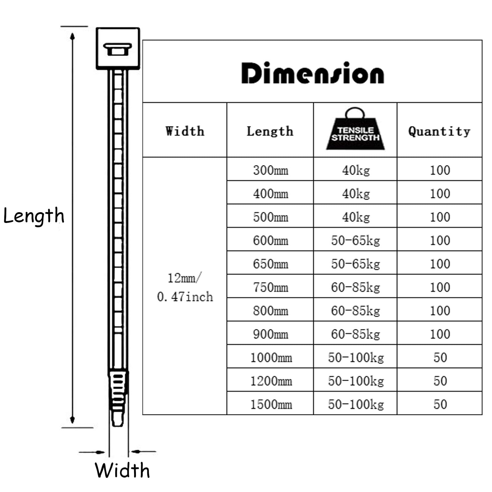 50 bridas de 12 x 1000 mm, color blanco, autoblocantes, reutilizables, resistentes a los rayos UV, de alta resistencia, para gestión de cables, jardín, viviendas, talleres, coche