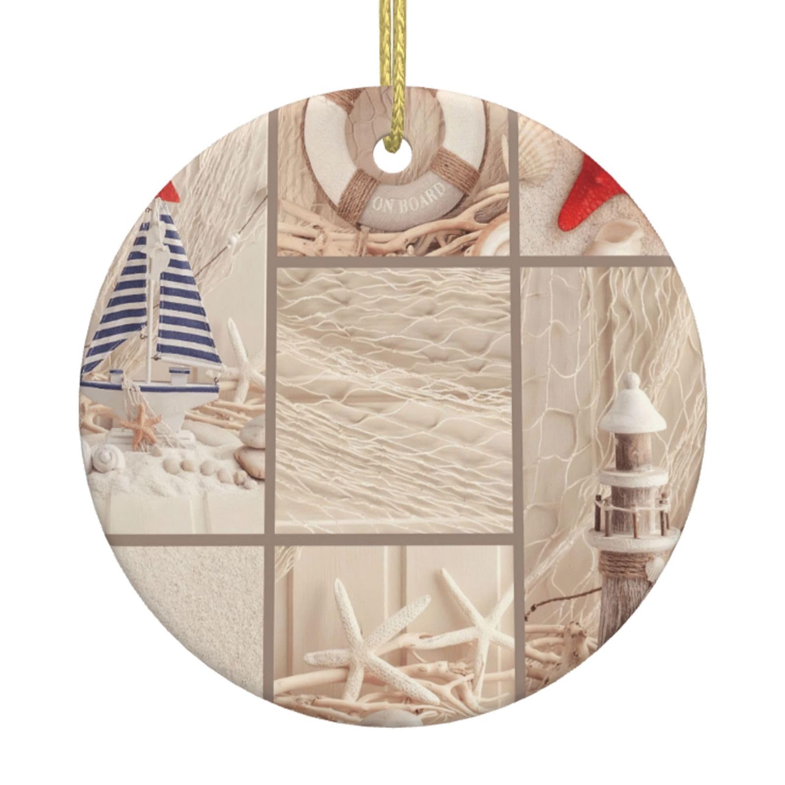 Boat Beach Starfish Shell Print Christmas Ornaments, Ceramic Hanging Ornament, Round Shape Decorations