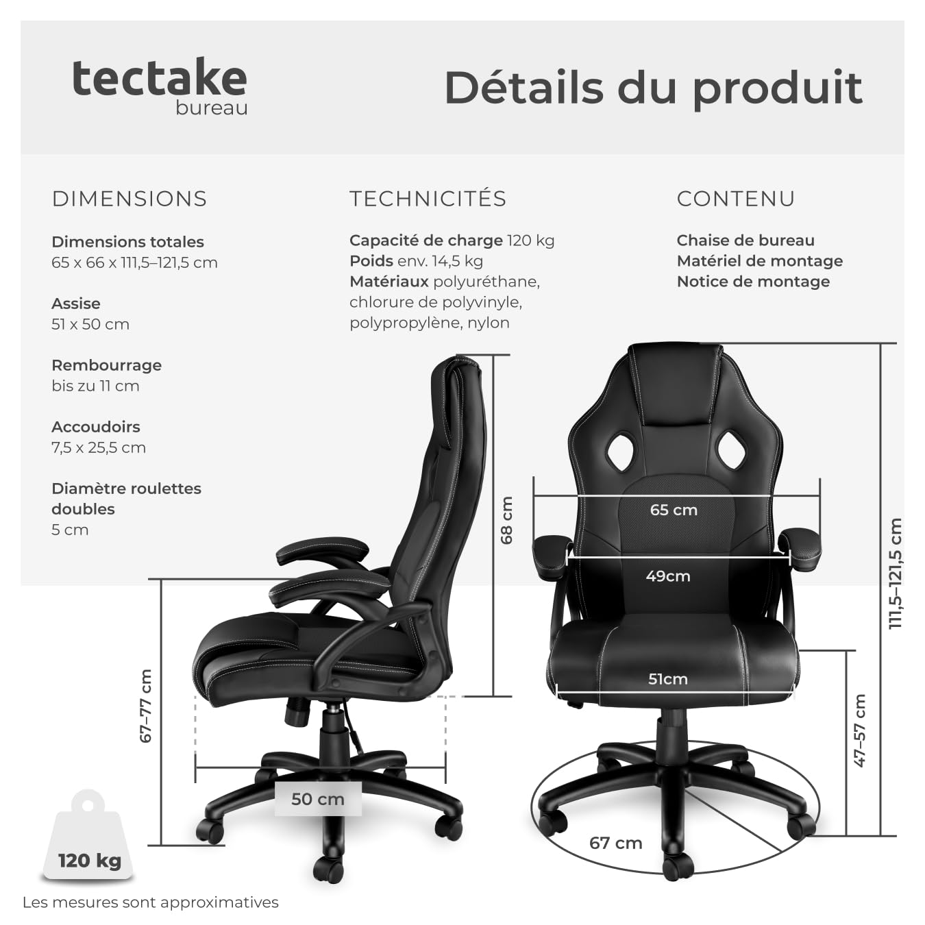 TecTake® Chaise de Bureau Fauteuil de Bureau Fauteuil pivotant Design Chaise Gaming, Siege Ergonomique, Fauteuil avec Accoudoirs, Rembourrage épais, Roulette, Hauteur réglable Teletravail