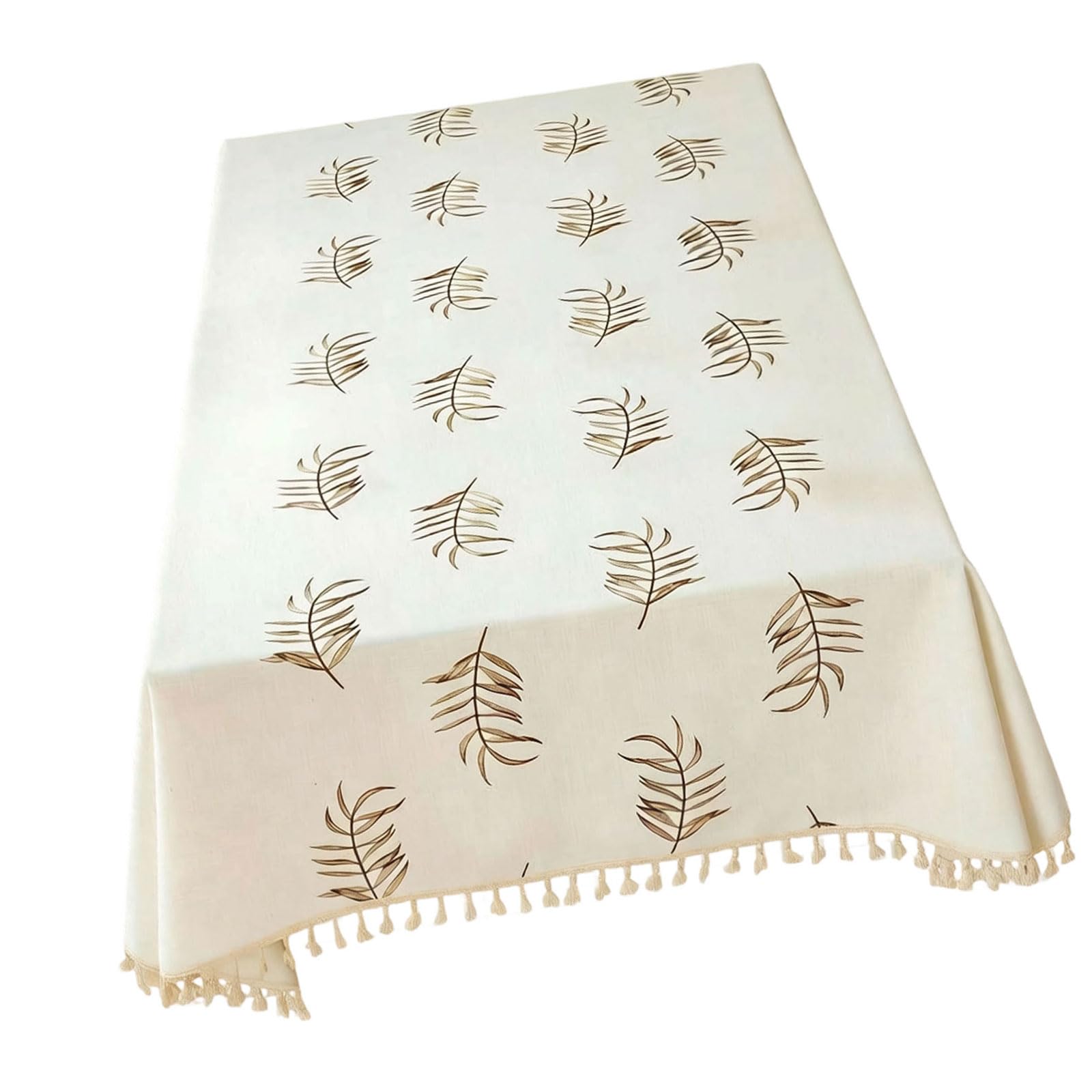 Tsophreniq Washable Leaves Embroidery Table Cover Fringe Tassels Trim Tablecloth Farmhouses Dining Table Decors for Family Gathering Leaves Embroidery Tablecloth