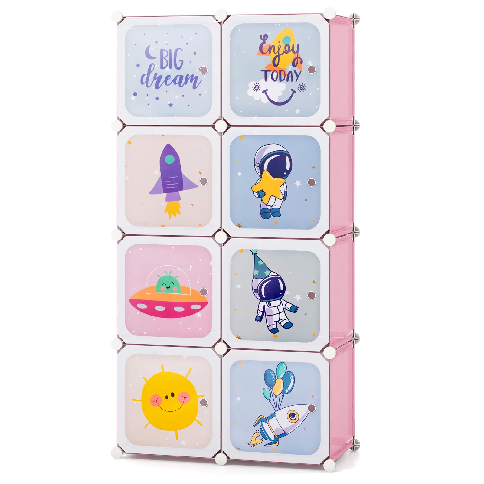 FANTASK Regalsystem mit 8 Würfeln, Kinder Kleiderschrank aus Kunststoff mit Türen & 2 Aufhänger, modularer Organizer für Kinderzimmer, Spielzimmer (Rosa)