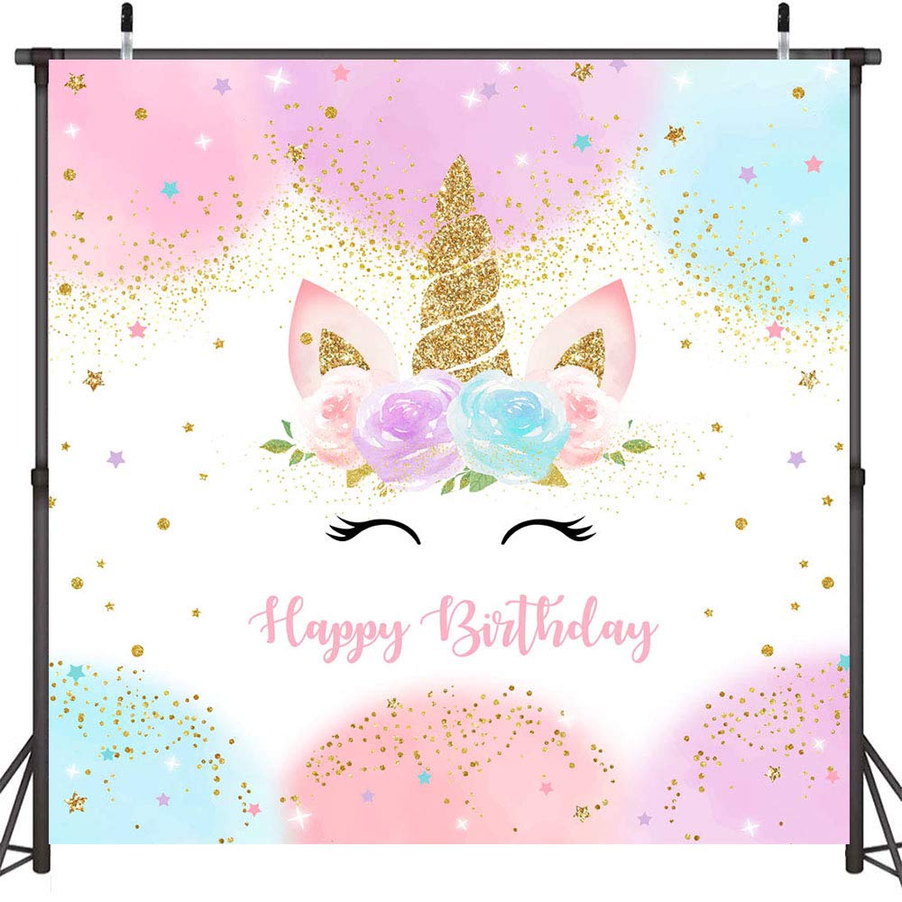 Mocsicka Decorazioni per feste di buon compleanno per ragazze acquerello floreale glitter stelle pois UnicornCake banner da tavolo forniture per studio puntelli (2,4 x 2,4 m)