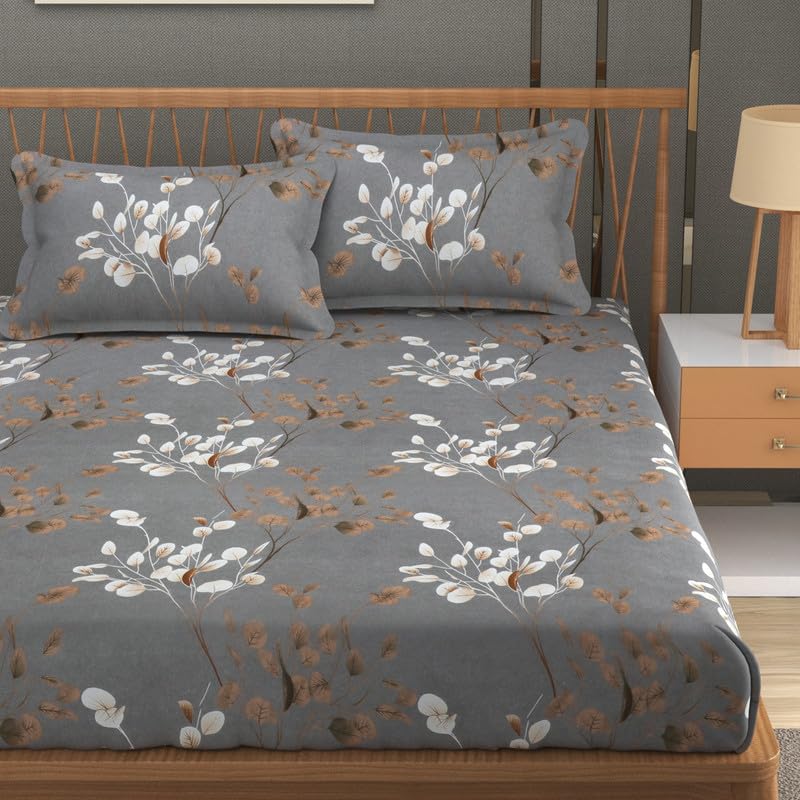Image of NHD HOME Cotton 220 TC Super King Size Bedsheet Floral Print 108 X 108 Inch Size with 2 Pillow Cover, 275 X 275 Cm Super King Size (9 Ft by 9 Ft) (Grey & White)