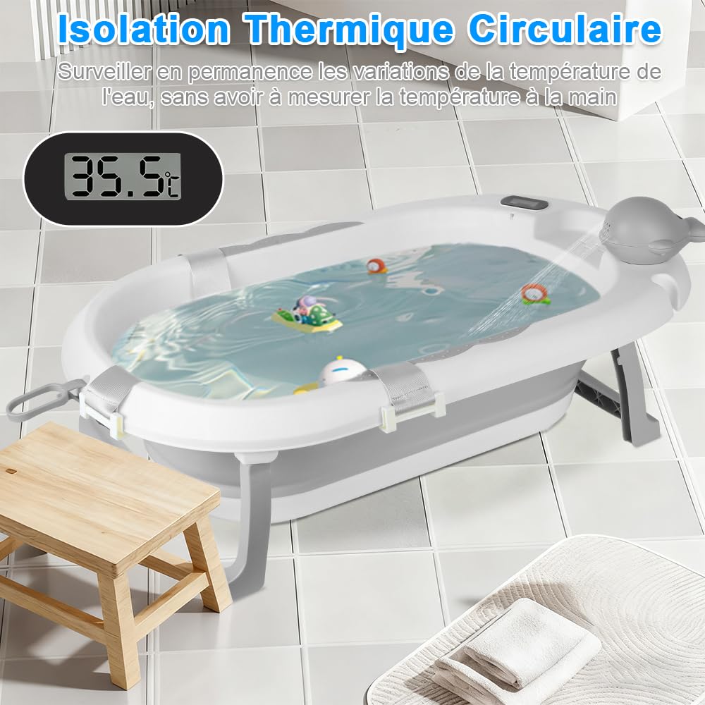 Bañera de bebé plegable en pie, bañera con soporte, cómoda cuenca plegable bebe ldeal con cojín de baño de bebe y termómetro integrado para recién nacidos y pequeños (gris)