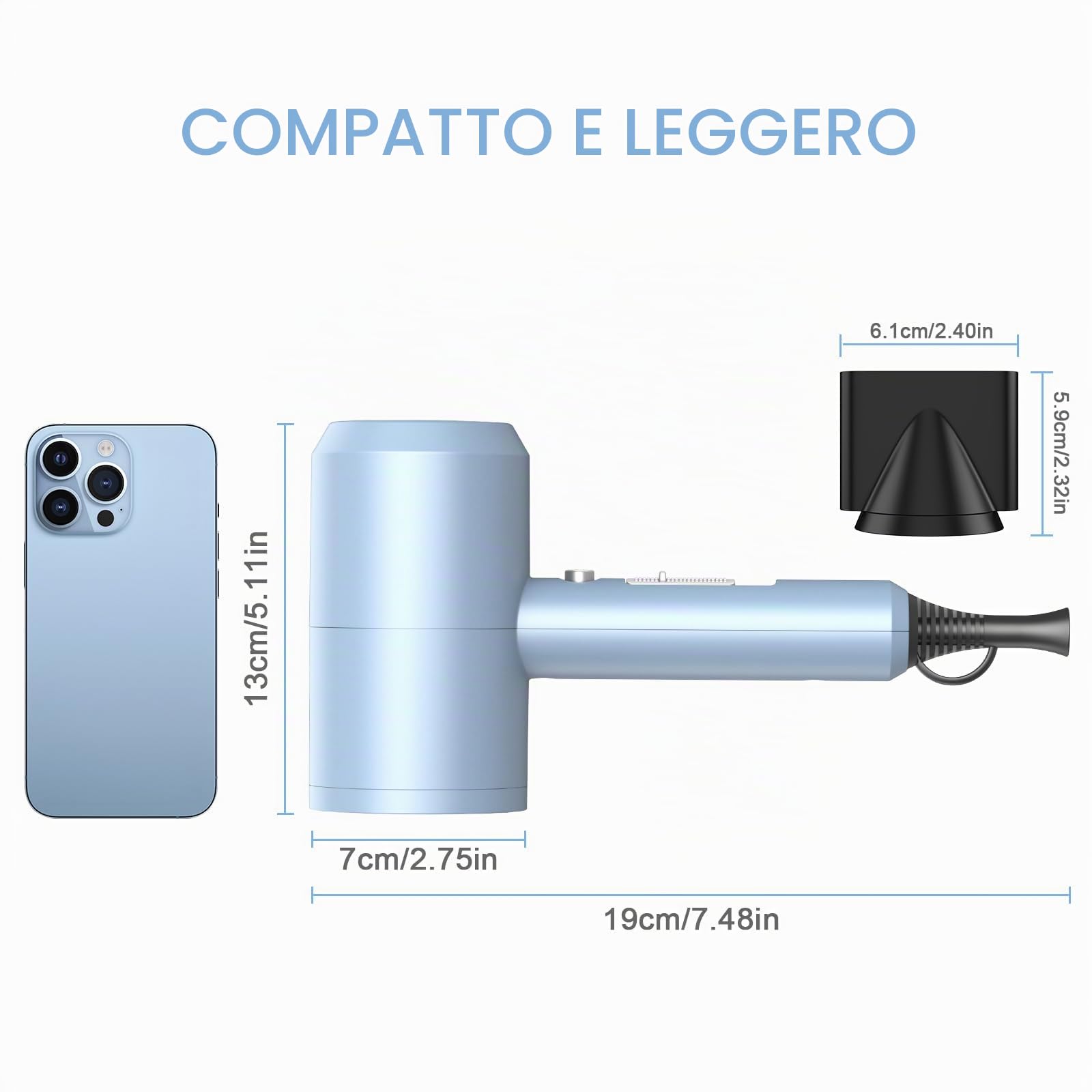 Asciugacapelli agli ioni di litio, motore AC 1800 W, slopehill, asciugatura rapida, asciugacapelli con tasto caldo/freddo, 3 asciugacapelli e diffusori, 3 impostazioni di temperatura, 2 marce (blu