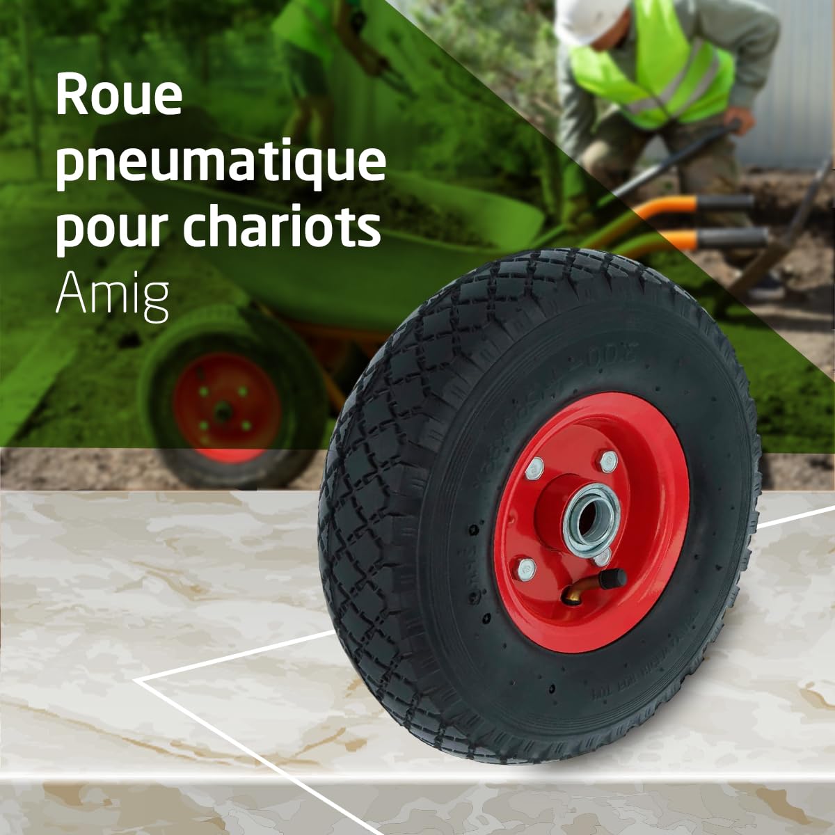 Amig - Roue pneumatique | Roue pour brouettes et chariots de magasin | Chambre à air | Résiste à des températures comprises entre -5ºC et 60ºC | Poids maximum : 150 kg | Ø260x85mm