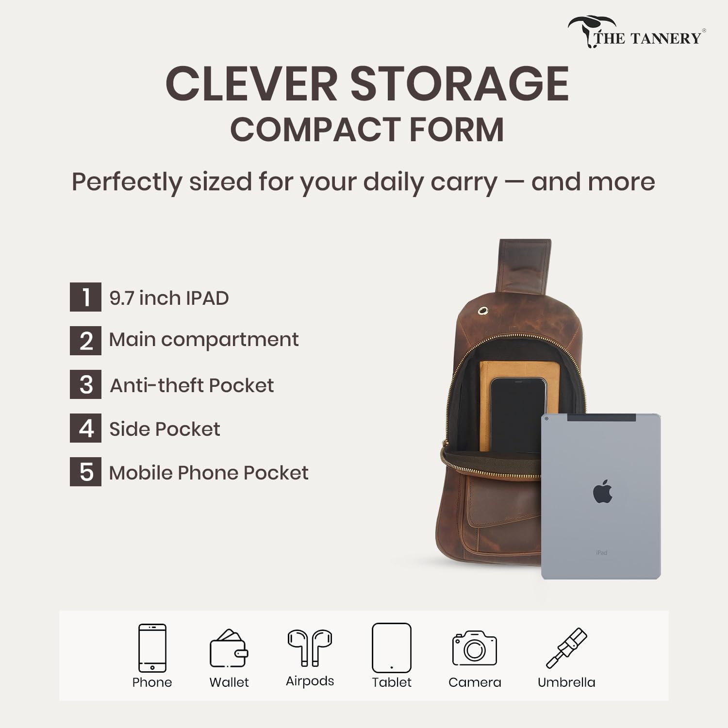 The Tannery Handmade Buffalo Leather Multipurpose Travel Hiking Crossbody Chest Backpack with Adjustable Shoulder Strap, Thanks Giving (Dark Brown, Small) - Image 4